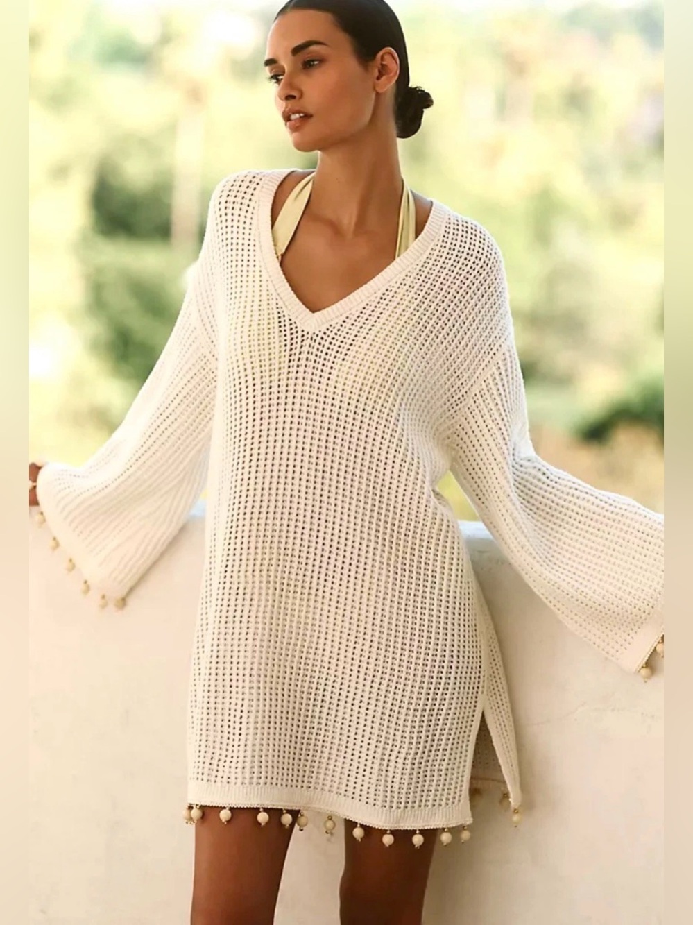 Anthropologie Flat White Beaded Trim V-Neck Mini Kaftan Coverup